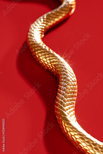 contrast in snake reflection, a gold serpent on a vivid red backdrop twirls elegantly, reflecting light in captivating hues, highlighting minimalist contrast photo