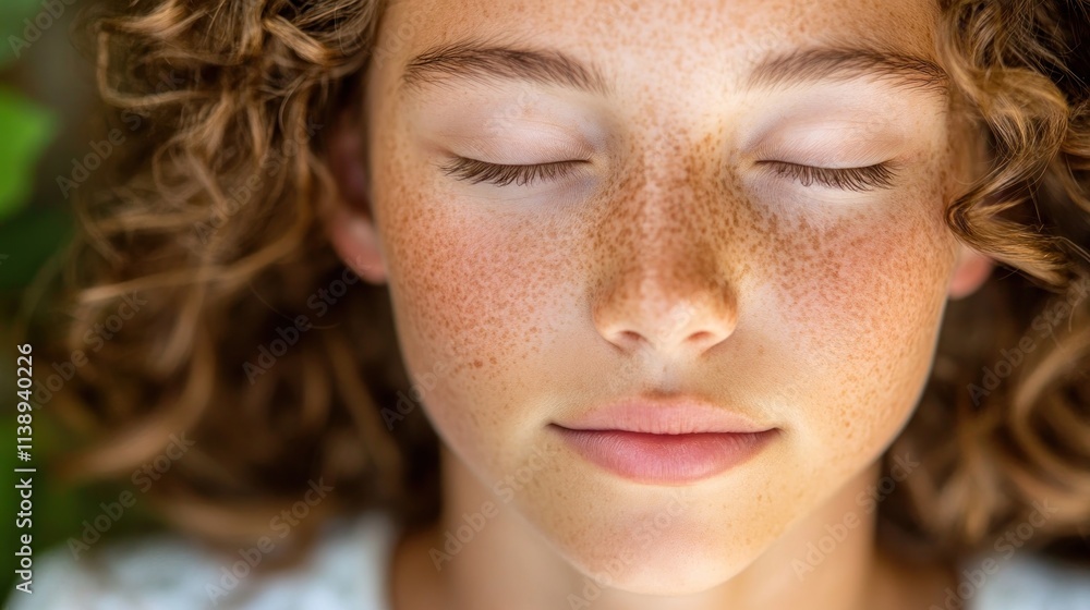 Young girl with freckles, eyes closed, peaceful. Young girl with freckles, eyes closed, peaceful.