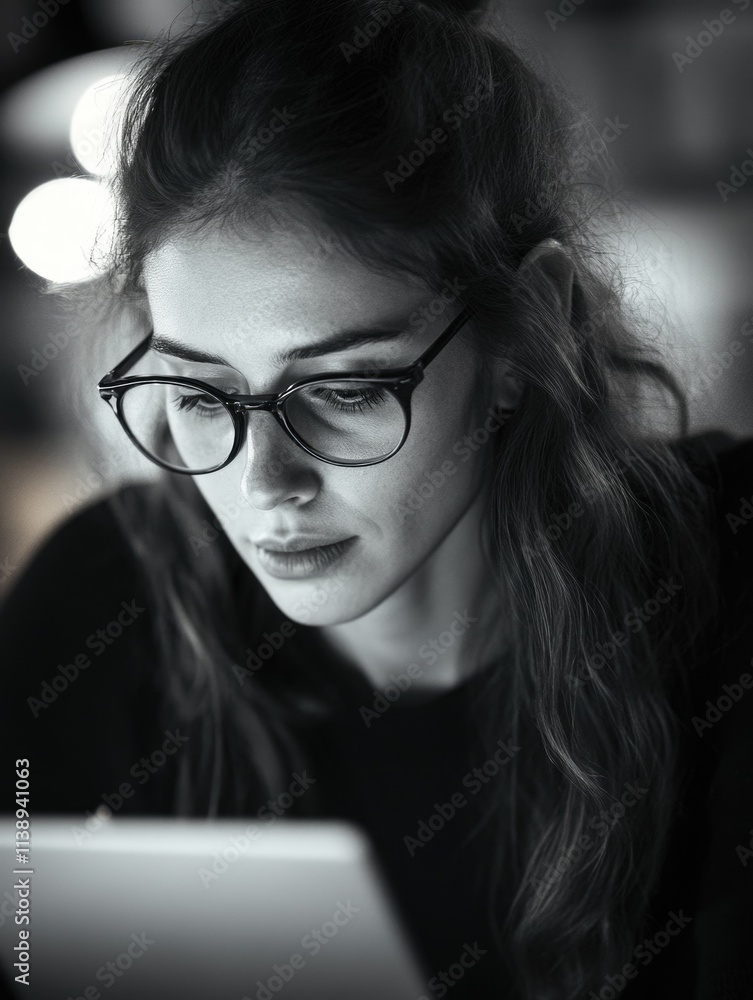 Woman using laptop at night