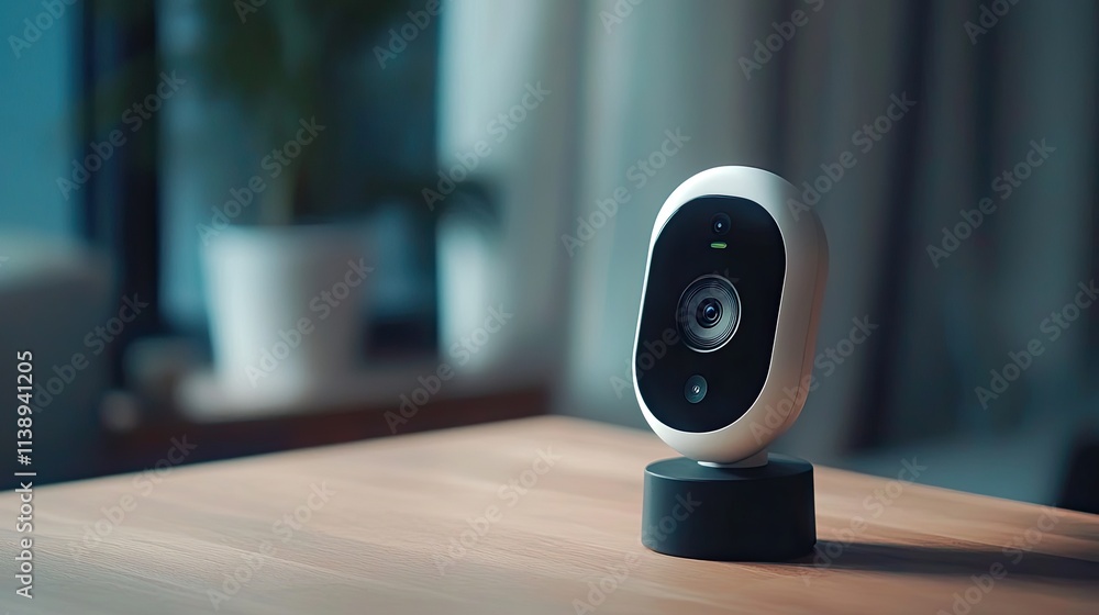 Modern Home Security Camera on Wooden Table Modern Home Security Camera on Wooden Table