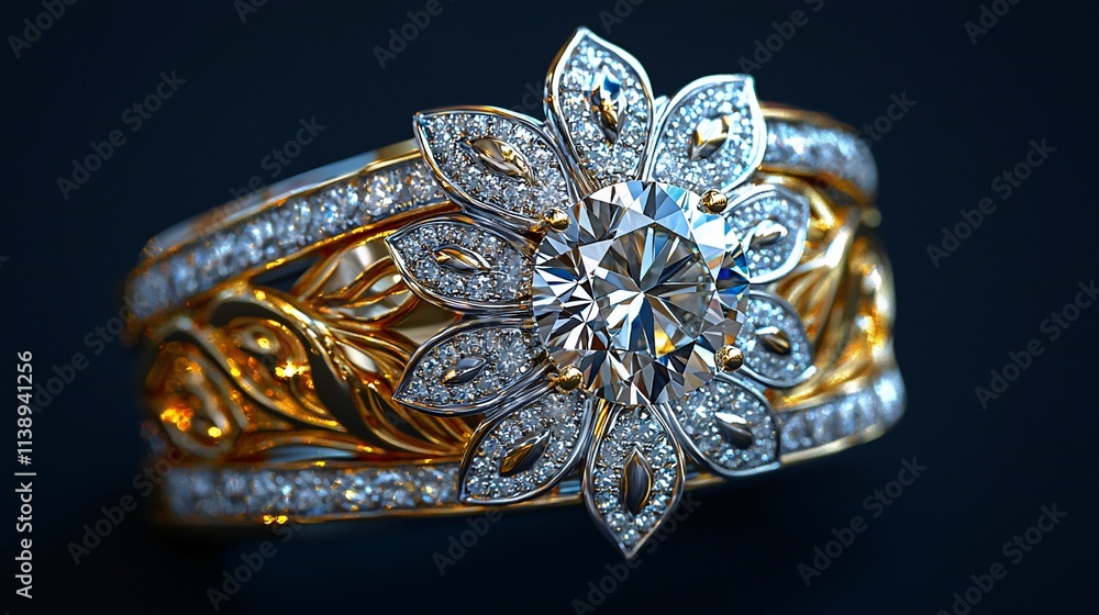 Elegant gold and diamond floral ring. Elegant gold and diamond floral ring.