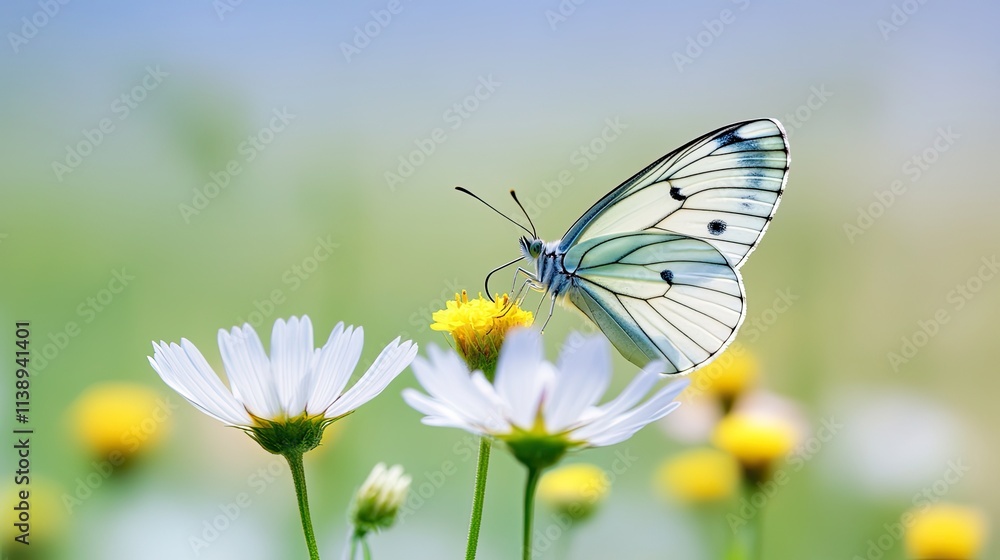 White butterfly on daisy flowers in meadow. White butterfly on daisy flowers in meadow.