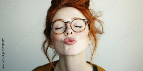 Red-haired woman posing with puckered lips