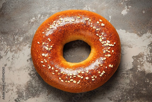 Golden bagel with oats on textured background photo