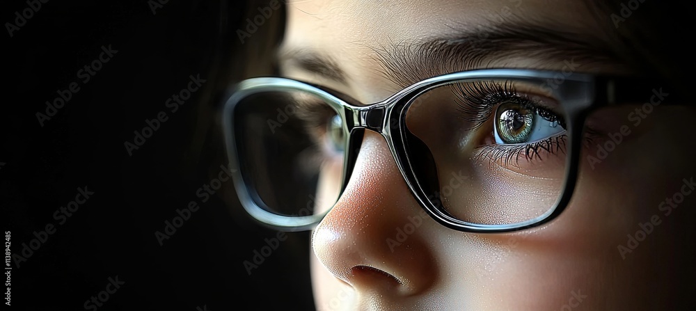Close Up of Childs Eye Wearing Modern Eyeglasses, Deep in Thought, Spectacles on Youngster Gazing Close Up of Childs Eye Wearing Modern Eyeglasses, Deep in Thought, Spectacles on Youngster Gazing