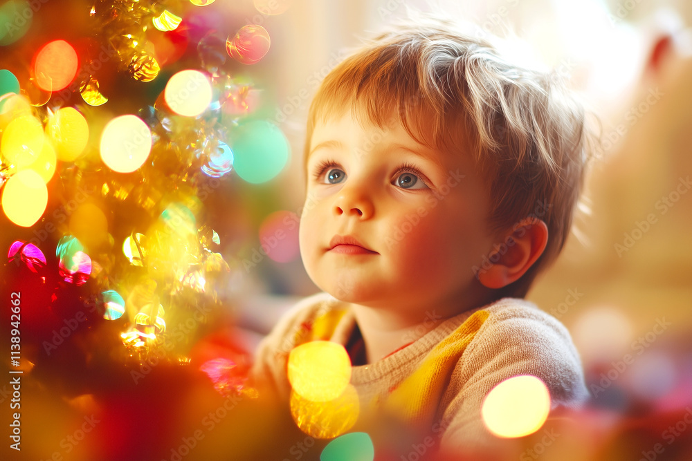 Close-up portrait of adorable toddler boy on background with red and gold christmas decorations Close-up portrait of adorable toddler boy on background with red and gold christmas decorations