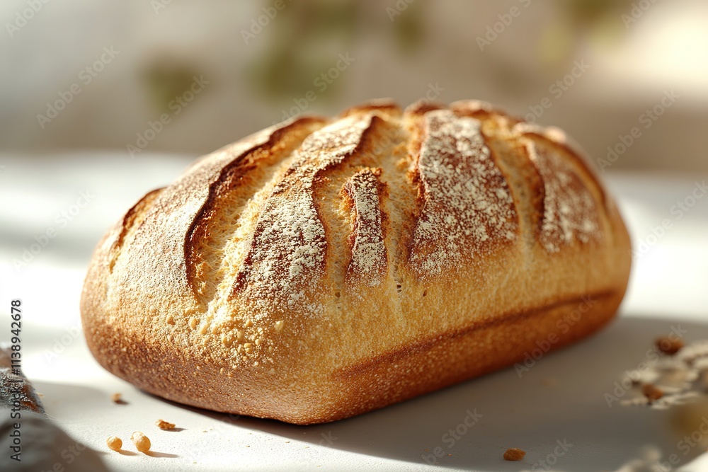 Freshly baked bread loaf on table with sunlight Freshly baked bread loaf on table with sunlight