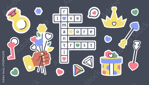 Valentine's Day labels. Set of cartoon love stickers. Hand drawn Doodle Valentine symbols. Giving flowers, Romantic Word puzzle, present, ring, jewel, gift box, cupid arrow, crown, hearts. Vector