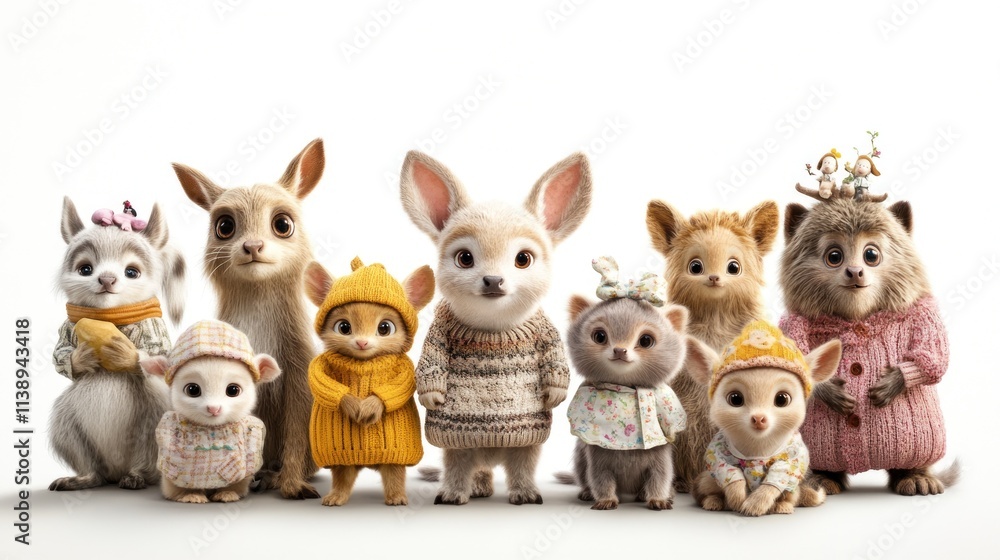 Naklejka premium Group of different types of mammals wearing cute spring clothes gathered facing camera with funny faces on plain white background