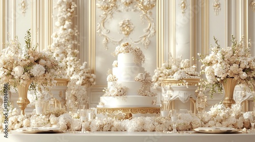Elegant White Wedding Cake and Decor in Luxurious Setting