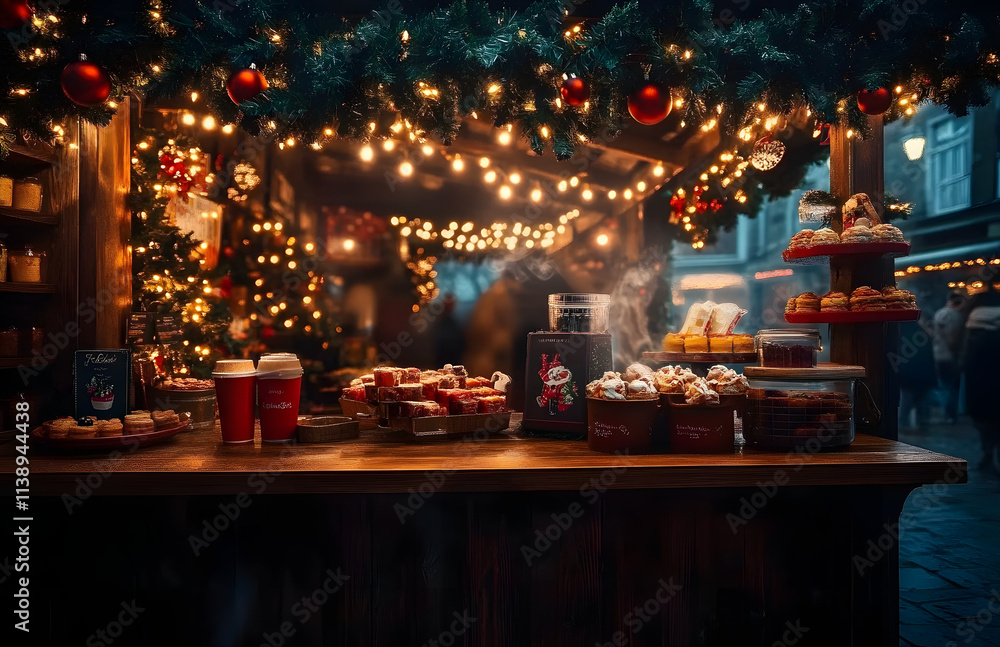 Fototapeta premium A cozy Christmas market stall offering steaming hot coffee, festive sweets, and holiday decorations