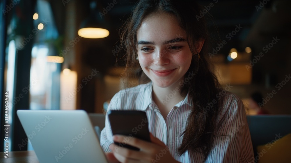 Woman working on a laptop and cell phone Woman working on a laptop and cell phone
