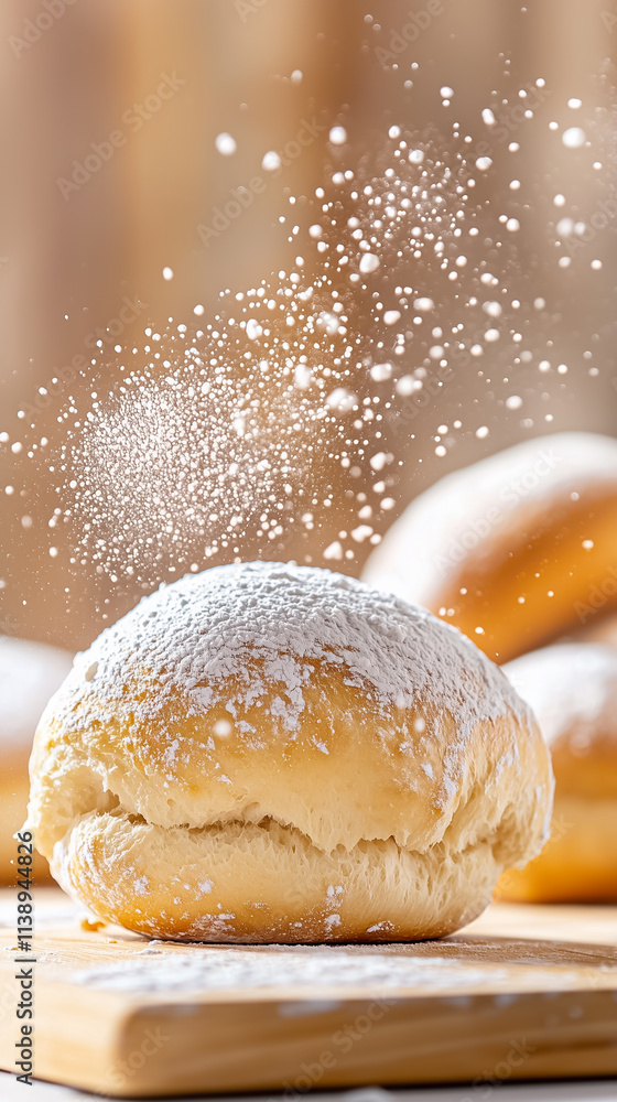 Freshly baked bread rolls sit on a wooden board, sprinkled with flour, capturing the cozy essence of homemade baking Freshly baked bread rolls sit on a wooden board, sprinkled with flour, capturing the cozy essence of homemade baking