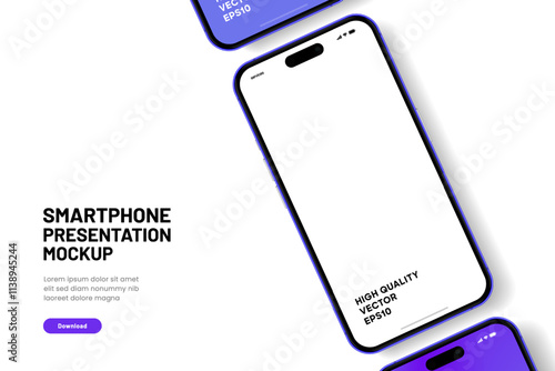 Realistic smartphone mockup. Mobile phone vector with isolated on white background. Device front view. 3D mobile phone with shadow. Realistic, high quality smart phone mockup for ui ux presentation.
