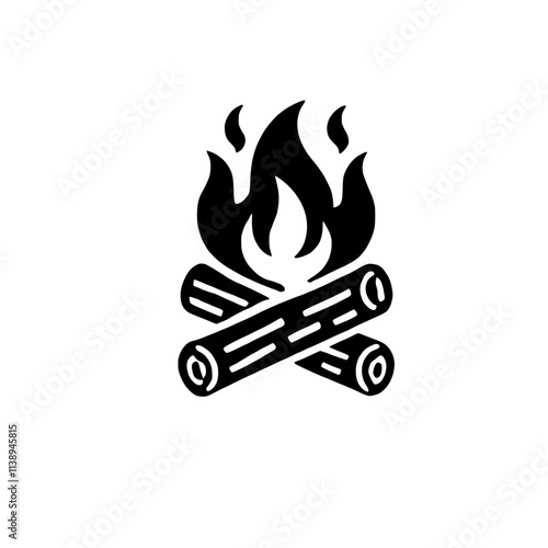 Campfire Icon: A minimalist black and white illustration of a campfire, symbolizing warmth, connection, and adventure. Ideal for branding, websites, and social media. 