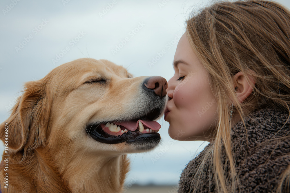 A young woman kisses her smiling golden retriever on the nose outdoors. This heartwarming portrait captures love, friendship, and the joyful bond between a pet owner and her loyal companion in nature. A young woman kisses her smiling golden retriever on the nose outdoors. This heartwarming portrait captures love, friendship, and the joyful bond between a pet owner and her loyal companion in nature.