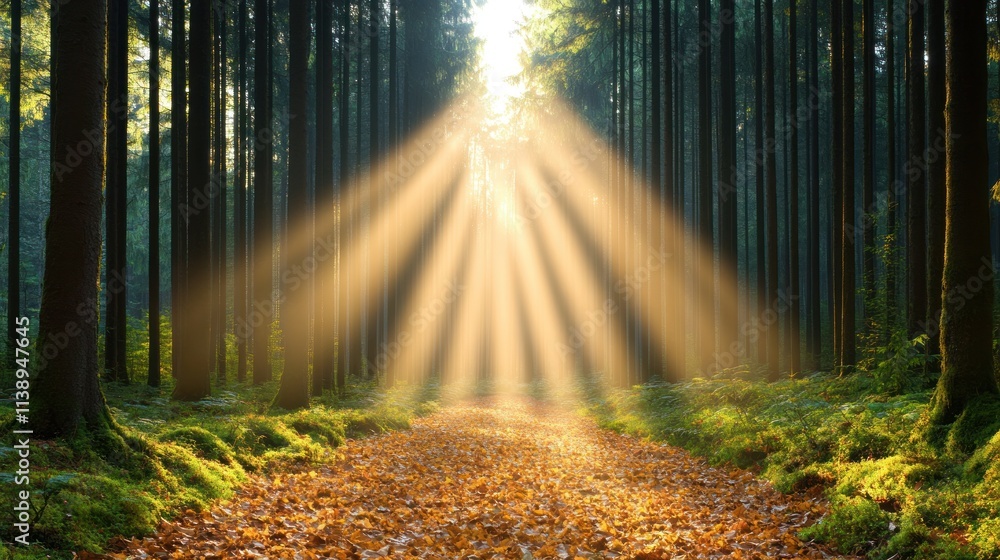Fototapeta premium Sunlight streams through trees onto a serene forest path.