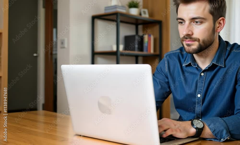 Focused Young Man Working on Laptop in Cozy Living Room, Perfect for Business and Technology Websites Focused Young Man Working on Laptop in Cozy Living Room, Perfect for Business and Technology Websites