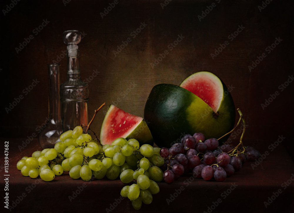 still life with a cut red watermelon with different varieties of green and black grapes and a couple of decorative bottles on the table on a dark background still life with a cut red watermelon with different varieties of green and black grapes and a couple of decorative bottles on the table on a dark background
