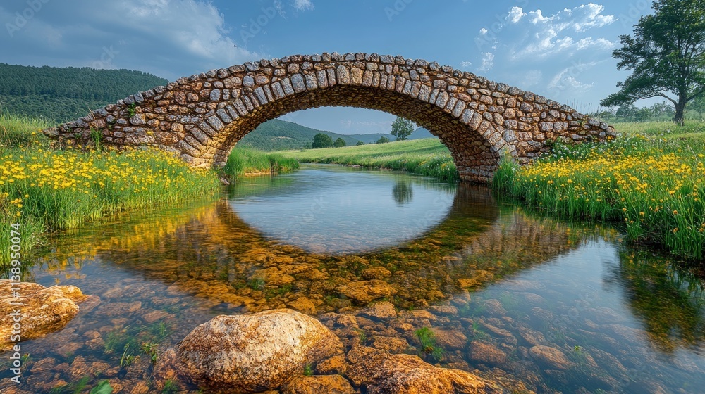 Fototapeta premium A scenic stone bridge arches over a clear stream surrounded by lush greenery and wildflowers.