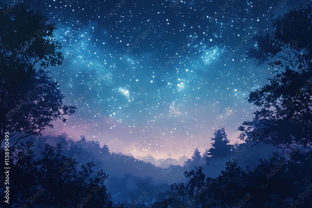 Naklejka premium AI generative, Silhouetted Trees Against a Starry Night Sky