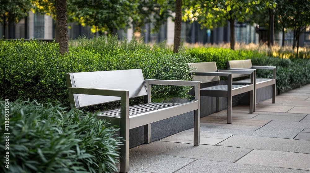 Three benches line a paved path amid greenery. Three benches line a paved path amid greenery.