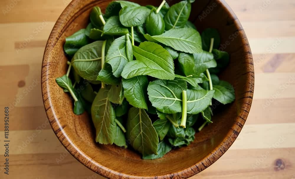 Fresh Basil Leaves in Rustic Wooden Bowl on Warm Wooden Table - Perfect for Cooking and Garnishing Fresh Basil Leaves in Rustic Wooden Bowl on Warm Wooden Table - Perfect for Cooking and Garnishing