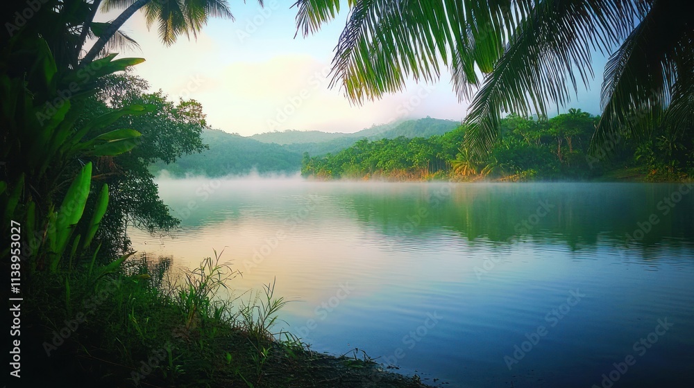 Foggy lake at dawn with tropical foliage. Foggy lake at dawn with tropical foliage.