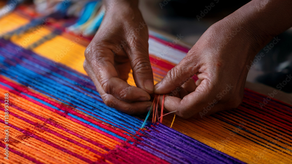 Obraz premium Close-up of hands weaving colorful threads