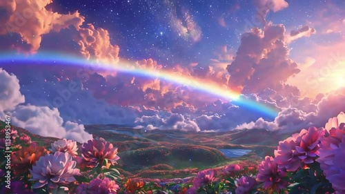 Magical landscape with rainbow, stars, and blooming peonies under a vibrant sunset sky.