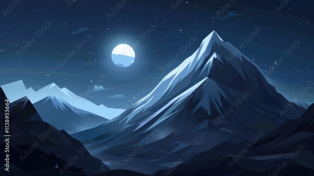 Majestic snow-capped mountains under a full moon at night.