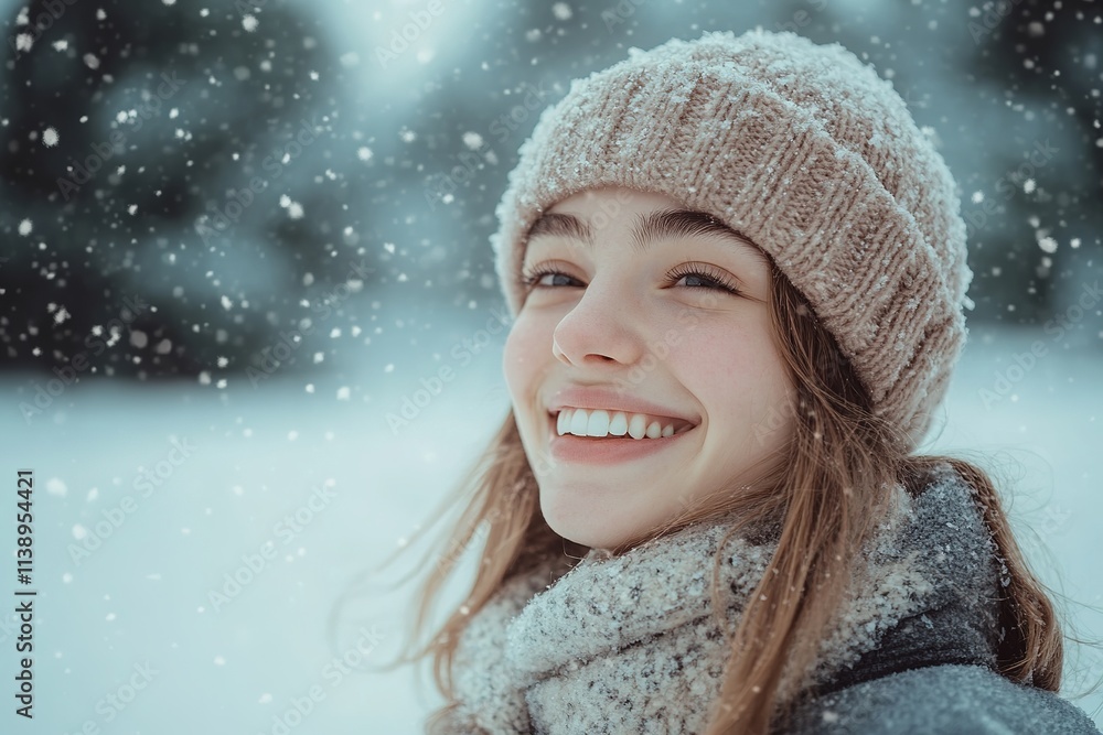Smiling girl in winter with falling snow, warm hat and scarf Smiling girl in winter with falling snow, warm hat and scarf