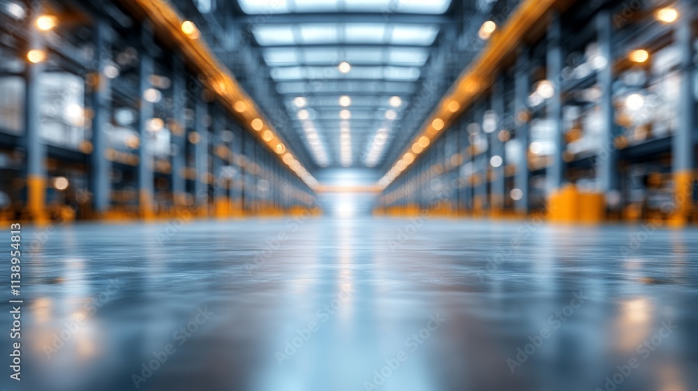 Fototapeta premium Abstract Blurred Empty Warehouse Interior Background With Defocused Lights And Reflective Floor