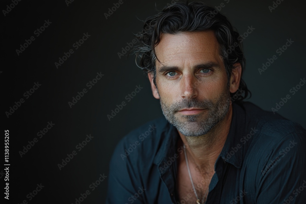 Fototapeta premium Portrait of a Confident Man with Dark Hair and Intense Gaze