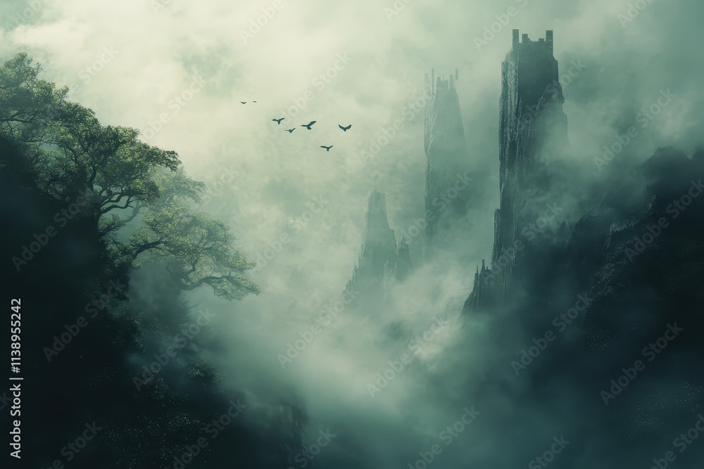 Ai generative, A Mystical Mountain Range with Birds Flying Through Misty Clouds Ai generative, A Mystical Mountain Range with Birds Flying Through Misty Clouds