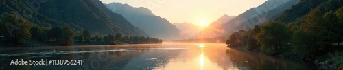 Morning sun peeking through mountains on Kurchum River, landscape, riverscape photo