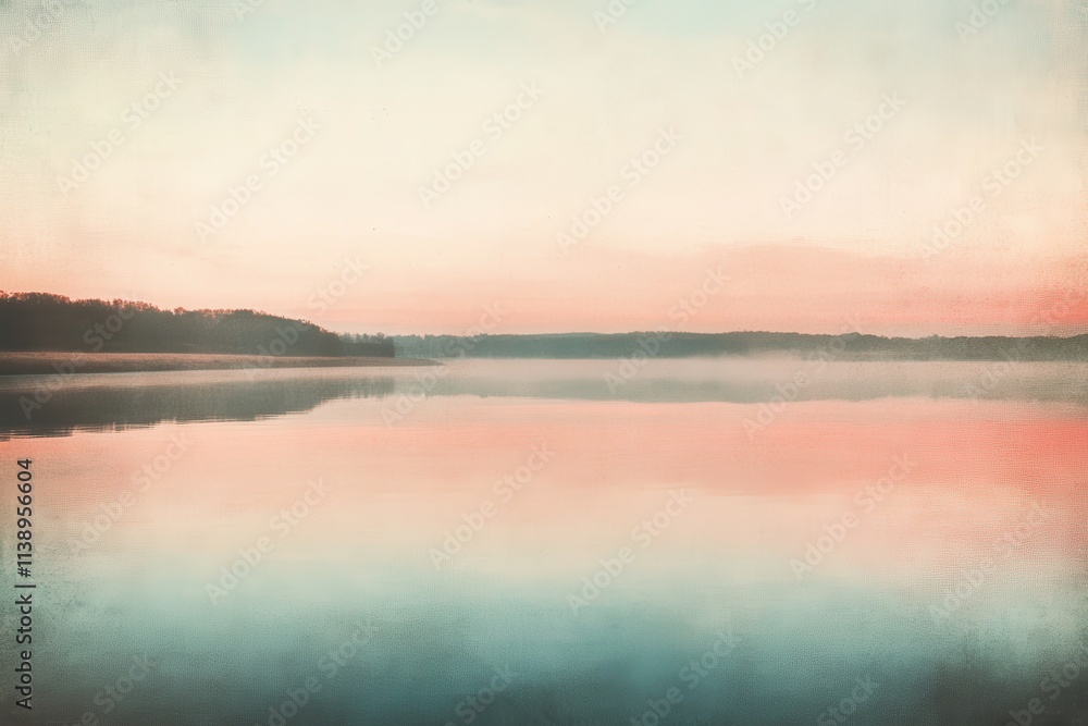 Fototapeta premium AI generative, Misty Sunrise Over a Calm Lake with a Silhouetted Forest