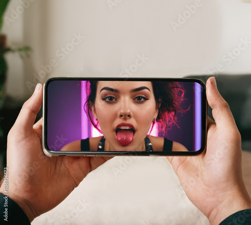 hands of a man, holding a phone in social media video chat with a brunette woman who cheekily sticks out her tongue, live video stream and social media, content videos for adults, only for fans photo