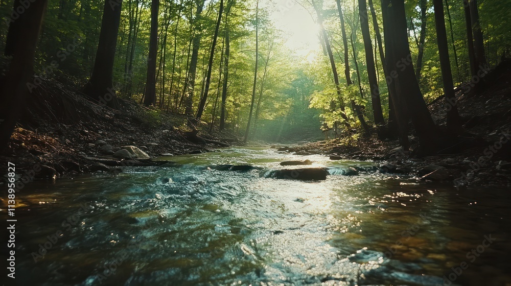 Obraz premium Sunlit forest stream flows through trees.