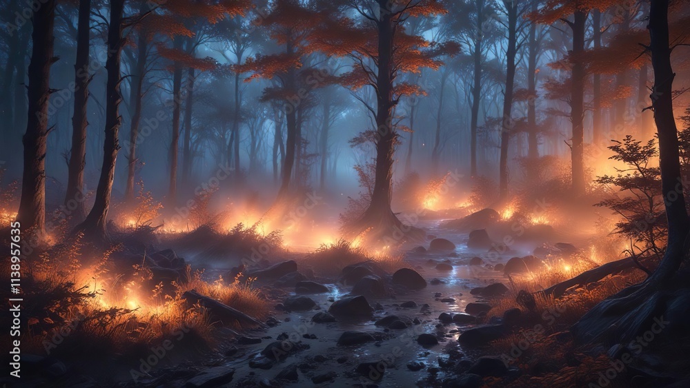 Glowing blue and orange waves of light envelop a misty forest, casting an ethereal glow, glowing, mystical, blue Glowing blue and orange waves of light envelop a misty forest, casting an ethereal glow, glowing, mystical, blue