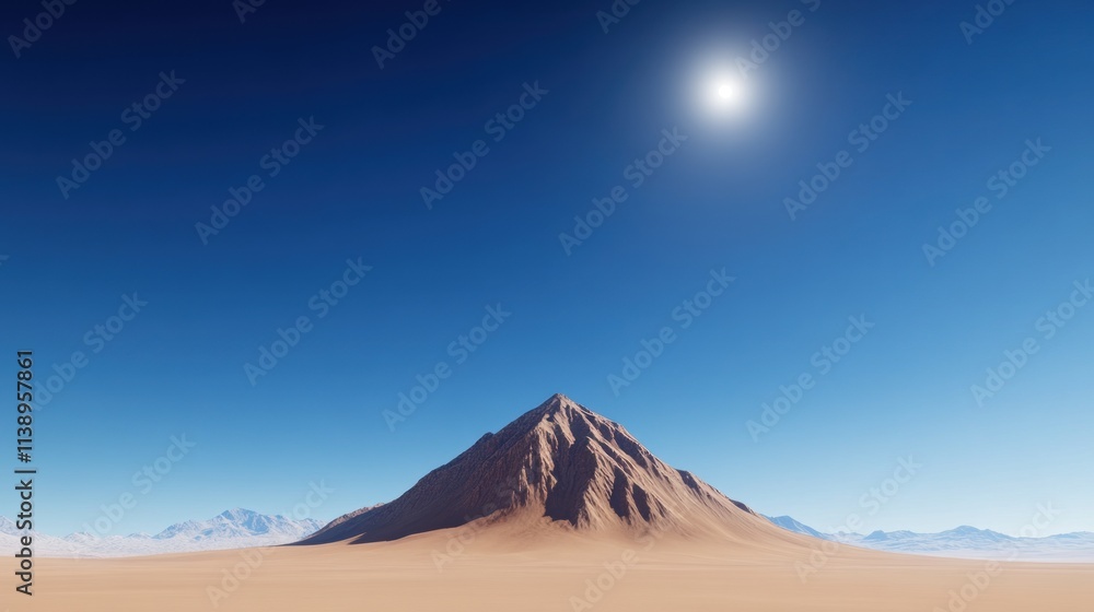 Fototapeta premium A serene desert landscape featuring a mountain under a bright sun.