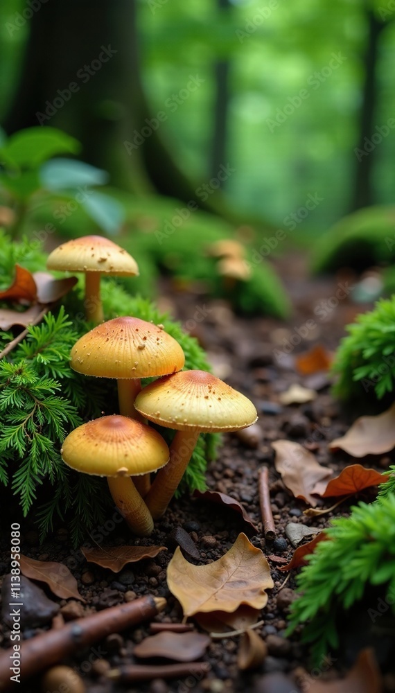 Forest floor covered with mushrooms and leaves, decay, ferns Forest floor covered with mushrooms and leaves, decay, ferns