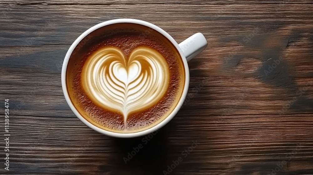 A cup of coffee with heart pattern in a white cup on wooden background A cup of coffee with heart pattern in a white cup on wooden background