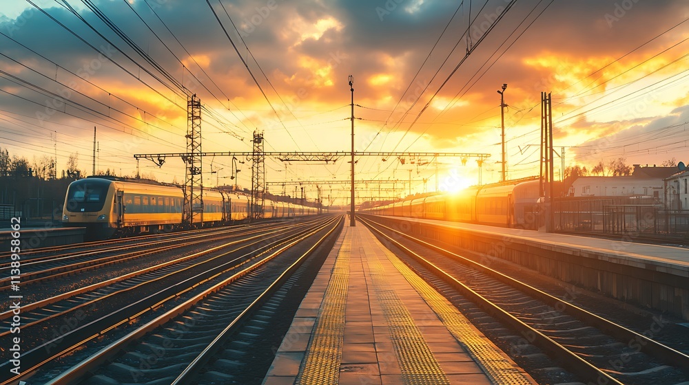 Sunset over train tracks. Concept of travel, transportation, and journey. Sunset over train tracks. Concept of travel, transportation, and journey.