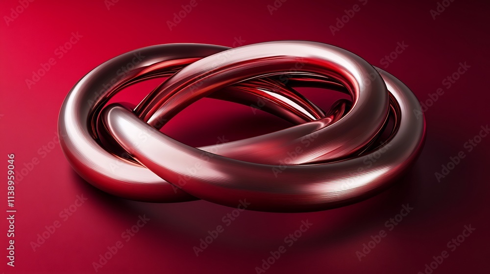 Abstract Red Metallic Intertwined Rings: A 3D Render of Elegant, Shiny, and Smooth Curves on a Deep Red Background Abstract Red Metallic Intertwined Rings: A 3D Render of Elegant, Shiny, and Smooth Curves on a Deep Red Background
