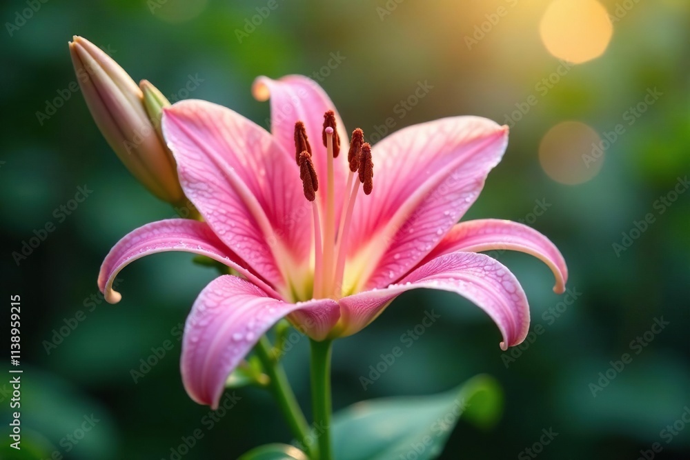 Obraz premium Delicate pink lily petals unfolding in morning dew, flowers, lily, pink