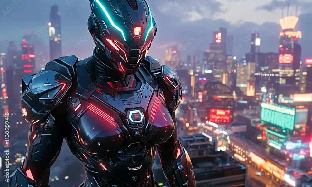 Futuristic armored figure overlooking a neon cityscape. Futuristic armored figure overlooking a neon cityscape.