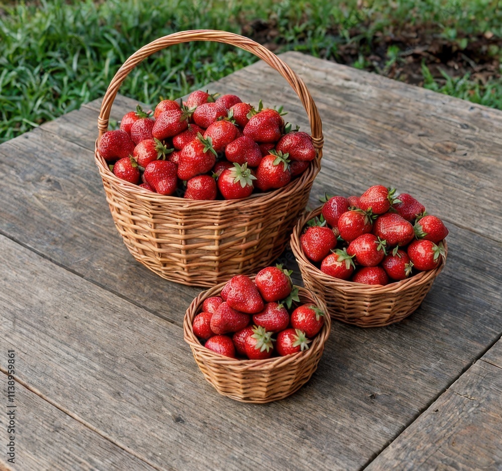 A collection of fresh strawberries in three woven baskets on a wooden surface outdoors. A collection of fresh strawberries in three woven baskets on a wooden surface outdoors.