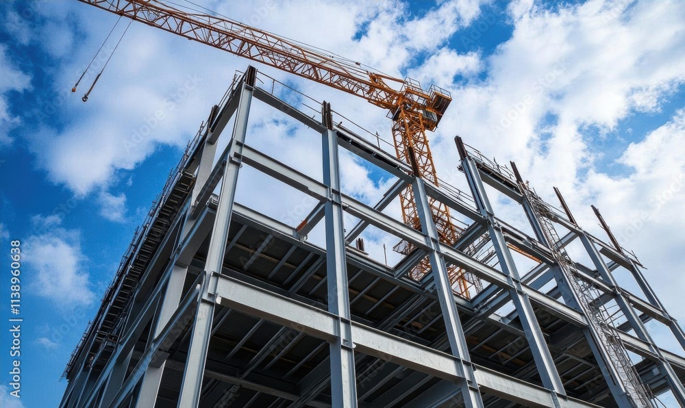 A construction site featuring a steel framework and crane against the sky. A construction site featuring a steel framework and crane against the sky.