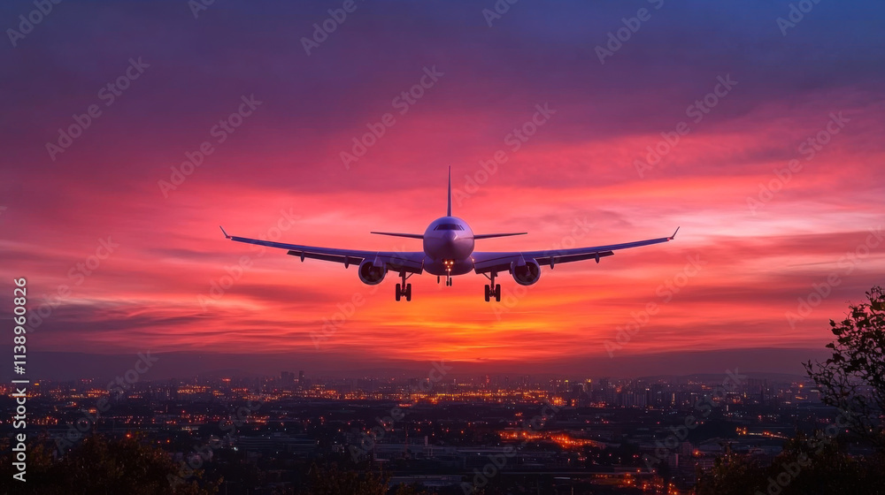 Airplane is flying in colorful sky over city at night. Landscape Airplane is flying in colorful sky over city at night. Landscape